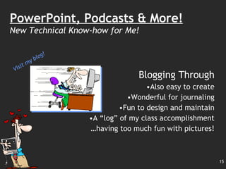 Blogging Through Also easy to create Wonderful for journaling Fun to design and maintain A “log” of my class accomplishment … having too much fun with pictures! PowerPoint, Podcasts & More! New Technical Know-how for Me! Visit my blog! 