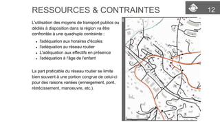 12 
RESSOURCES & CONTRAINTES 
L'utilisation des moyens de transport publics ou dédiés à disposition dans la région va être confrontée à une quadruplecontrainte: 
l'adéquation aux horaires d'écoles 
l'adéquation au réseau routier 
L'adéquation aux effectifsen présence 
l'adéquation à l'âgede l'enfant 
La part praticabledu réseau routier se limite bien souvent à une portion congrue de celui-ci pour des raisons variées (enneigement, pont, rétrécissement, manoeuvre, etc.).  