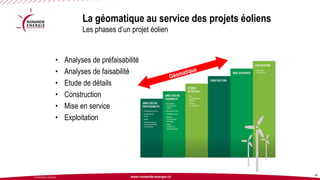www.romande-energie.ch 
© ROMANDE ENERGIE 
La géomatique au service des projets éoliensLes phases d’un projet éolien 
20 
•Analyses de préfaisabilité 
•Analyses de faisabilité 
•Etude de détails 
•Construction 
•Mise en service 
•Exploitation  