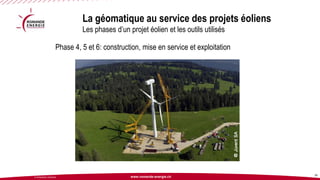 www.romande-energie.ch 
© ROMANDE ENERGIE 
La géomatique au service des projets éoliensLes phases d’un projet éolien et les outils utilisés 
25 
Phase 4, 5 et 6: construction, mise en service et exploitation  