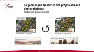 www.romande-energie.ch 
© ROMANDE ENERGIE 35 
orientation 
Potentiel max : plein Sud 
pente 
Potentiel max : pente < 30 ° 
 
horizon (terrain) 
horizon (obstacles) 
La géomatique au service des projets solaires photovoltaïquesTraitements des géodonnées  