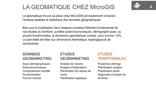 4 
LA GEOMATIQUE CHEZ MicroGIS 
La géomatique trouve sa place chez MicroGIS principalement à travers l'analyse spatiale et statistiquedes données géographiques. 
Bien que la localisationdans l'espace constitue l'élément fondamental de nos études du territoire, qu'elles soient économiques, démographi-ques, ou encore fonctionnelles, la dimension géométriquecompte pour environ 10%. La part belle est faite aux dimensions thématique, topologique & de connectivité. 
DONNEES GEOMARKETING 
Socio-démographiques 
Socio-économiques 
Comportement mobilité 
Consommation 
Pouvoir d'achat 
ETUDES GEOMARKETING 
Analyse de marché 
Analyse d'implantation 
Planification de réseau de vente 
Planification logistique 
ETUDES TERRITORIALES 
Projections démogr. 
Planification scolaire 
Planification santé 
Diagnostic et projets de territoire  