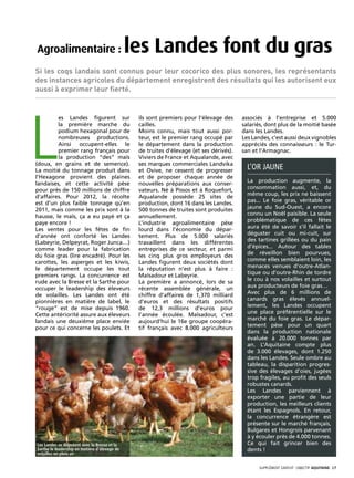 Agroalimentaire :                              les Landes font du gras
Si les coqs landais sont connus pour leur cocorico des plus sonores, les représentants
des instances agricoles du département enregistrent des résultats qui les autorisent eux
aussi à exprimer leur fierté.




L
         es Landes figurent sur                 ils sont premiers pour l’élevage des     associés à l’entreprise et 5.000
         la première marche du                  cailles.                                 salariés, dont plus de la moitié basée
         podium hexagonal pour de               Moins connu, mais tout aussi por-        dans les Landes.
         nombreuses productions.                teur, est le premier rang occupé par     Les Landes, c’est aussi deux vignobles
         Ainsi occupent-elles le                le département dans la production        appréciés des connaisseurs : le Tur-
         premier rang français pour             de truites d’élevage (et ses dérivés).   san et l’Armagnac.
         la production “des” maïs               Viviers de France et Aqualande, avec
(doux, en grains et de semence).                ses marques commerciales Landvika
La moitié du tonnage produit dans               et Ovive, ne cessent de progresser         L’or jaune
l’Hexagone provient des plaines                 et de proposer chaque année de
landaises, et cette activité pèse               nouvelles préparations aux conser-         La production augmente, la
pour près de 150 millions de chiffre            vateurs. Né à Pissos et à Roquefort,       consommation aussi, et, du
d’affaires. Pour 2012, la récolte               Aqualande possède 25 sites de              même coup, les prix ne baissent
est d’un plus faible tonnage qu’en              production, dont 16 dans les Landes.       pas... Le foie gras, véritable or
2011, mais comme les prix sont à la             500 tonnes de truites sont produites       jaune du Sud-Ouest, a encore
hausse, le maïs, ça a eu payé et ça             annuellement.                              connu un Noël paisible. La seule
paye encore !                                   L’industrie agroalimentaire pèse           problématique de ces fêtes
Les ventes pour les fêtes de fin                lourd dans l’économie du dépar-            aura été de savoir s’il fallait le
d’année ont conforté les Landes                 tement. Plus de 5.000 salariés             déguster cuit ou mi-cuit, sur
(Labeyrie, Delpeyrat, Roger Junca…)             travaillent dans les différentes           des tartines grillées ou du pain
comme leader pour la fabrication                entreprises de ce secteur, et parmi        d’épices... Autour des tables
du foie gras (lire encadré). Pour les           les cinq plus gros employeurs des          de réveillon bien pourvues,
carottes, les asperges et les kiwis,            Landes figurent deux sociétés dont         comme elles semblaient loin, les
le département occupe les tout                  la réputation n’est plus à faire :         menaces venues d’outre-Atlan-
premiers rangs. La concurrence est              Maïsadour et Labeyrie.                     tique ou d’outre-Rhin de tordre
rude avec la Bresse et la Sarthe pour           La première a annoncé, lors de sa          le cou à nos volailles et surtout
occuper le leadership des éleveurs              récente assemblée générale, un             aux producteurs de foie gras…
de volailles. Les Landes ont été                chiffre d’affaires de 1,370 milliard       Avec plus de 6 millions de
pionnières en matière de label, le              d’euros et des résultats positifs          canards gras élevés annuel-
“rouge” est de mise depuis 1960.                de 12,3 millions d’euros pour              lement, les Landes occupent
Cette antériorité assure aux éleveurs           l’année écoulée. Maïsadour, c’est          une place préférentielle sur le
landais une deuxième place enviée               aujourd’hui le 16e groupe coopéra-         marché du foie gras. Le dépar-
pour ce qui concerne les poulets. Et            tif français avec 8.000 agriculteurs       tement pèse pour un quart
                                                                                           dans la production nationale
                                                                                           évaluée à 20.000 tonnes par
                                                                                           an. L’Aquitaine compte plus
                                                                                           de 3.000 élevages, dont 1.250
                                                                                           dans les Landes. Seule ombre au
                                                                                           tableau, la disparition progres-
                                                                                           sive des élevages d’oies, jugées
                                                                                           trop fragiles, au profit des seuls
                                                                                           robustes canards.
                                                                                           Les Landes parviennent à
                                                                                           exporter une partie de leur
                                                                                           production, les meilleurs clients
                                                                                           étant les Espagnols. En retour,
                                                                                           la concurrence étrangère est
                                                                                           présente sur le marché français,
                                                                                           Bulgares et Hongrois parvenant
                                                                                           à y écouler près de 4.000 tonnes.
Les Landes se disputent avec la Bresse et la                                               Ce qui fait grincer bien des
Sarthe le leadership en matière d’élevage de                                               dents !
volailles en plein air


                                                                                                SUPPLÉMENT gratuit· objectif aquitaine· 17
 