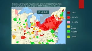 Création d’emplois industriels en aires métropolitaines dans
le manufacturng belt, d’après 2002 US Economic Census
-58%
- 43/56%
- 31/43%
-
8/29%
+7/54%
+62%
Rust Belt
 