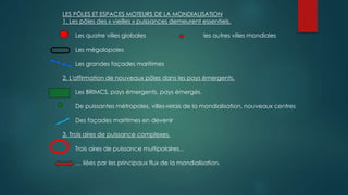 LES PÔLES ET ESPACES MOTEURS DE LA MONDIALISATION
1. Les pôles des « vieilles » puissances demeurent essentiels.
Les quatre villes globales les autres villes mondiales
Les mégalopoles
Les grandes façades maritimes
2. L'affirmation de nouveaux pôles dans les pays émergents.
Les BRIMCS, pays émergents, pays émergés.
De puissantes métropoles, villes-relais de la mondialisation, nouveaux centres
Des façades maritimes en devenir
3. Trois aires de puissance complexes.
Trois aires de puissance multipolaires...
… liées par les principaux flux de la mondialisation.
 