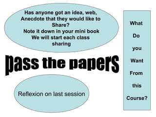 Has anyone got an idea, web,
Anecdote that they would like to
Share?
Note it down in your mini book
We will start each class
sharing

What
Do
you
Want
From
this

Reflexion on last session

Course?

 