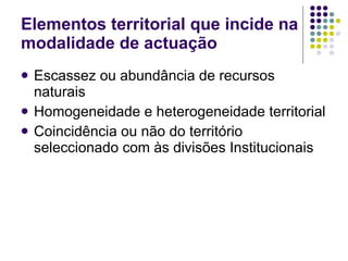 Escassez ou abundância de recursos naturais Homogeneidade e heterogeneidade territorial Coincidência ou não do território seleccionado com às divisões Institucionais Elementos territorial que incide na modalidade de actuação 