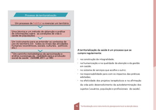 A territorialização da saúde é um processo que se
cumpre regularmente:
• na construção da integralidade;
• na humanização e na qualidade da atenção e da gestão
em saúde;
• no sistema de serviços que acolhe o outro;
• na responsabilidade para com os impactos das práticas
adotadas;
• na efetividade dos projetos terapêuticos e na afirmação
da vida pelo desenvolvimento da autodeterminação dos
sujeitos (usuários, população e profissionais de saúde).
Um processo de habitar e vivenciar um território
Uma técnica e um método de obtenção e análise
de informações sobre as condições de vida e
saúde de populações
Um instrumento para se entender os contextos de
uso do território em todos os níveis das atividades
humanas (econômicos, sociais, culturais, políticos
etc.)
“Um caminho metodológico de aproximação e
análise sucessivas da realidade para a produção
social da saúde” (GODIM, 2011, p.199)
Processo de territorialização
16 Territorializaçãocomo instrumentodo planejamentolocal na atençãobásica
 