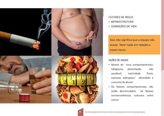 FATORES DE RISCO:
• INFRAESTRUTURA
• CONDIÇÕES DE VIDA
Isso não significa que a equipe não
possa fazer nada em relação a
esses riscos.
AÇÕES DE SAÚDE:
• fatores de risco comportamentais:
tabagismo, alimentação não
saudável, inatividade física,
estresse, sobrepeso/ obesidade e
consumo de álcool.
• Os fatores comportamentais não
estão desvinculados de fatores
socioeconômicos, culturais, entre
outros.
Fonte:
Fotolia.
8 Territorializaçãocomo instrumentodo planejamentolocal na atençãobásica
 