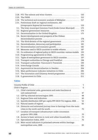 TABLE OF CONTENTS



       2.28.     PTI: The salmon and wine clusters . . . . . . . . . . . . . . . . . . . . . . . . . . .                      150
       2.29.     The FNDR . . . . . . . . . . . . . . . . . . . . . . . . . . . . . . . . . . . . . . . . . . . . . . . .     152
       2.30.     The technical and economic analysis of Mideplan . . . . . . . . . . . . .                                    157
       2.31.     Preliminary draft on regional investment, ARI
                 (Anteproyecto Regional de Inversiones) . . . . . . . . . . . . . . . . . . . . . . . . . .                   159
         3.1.    The Inter-municipal Common Fund (Fondo Común Municipal) . . . .                                              172
         3.2.    Regional government resources . . . . . . . . . . . . . . . . . . . . . . . . . . . . .                      174
         3.3.    Decentralisation in the United Kingdom . . . . . . . . . . . . . . . . . . . . . .                           175
         3.4.    Recent developments and prospects of the Chilean
                 decentralisation process . . . . . . . . . . . . . . . . . . . . . . . . . . . . . . . . . . . . . . .       178
        3.5.     The third division of the regional government . . . . . . . . . . . . . . . . . .                            179
        3.6.     Decentralisation, democracy and participation . . . . . . . . . . . . . . . . . . .                          181
        3.7.     Decentralisation and economic growth . . . . . . . . . . . . . . . . . . . . . . .                           182
        3.8.     Measures used in OECD countries to enable reforms . . . . . . . . . . . . . .                                187
        3.9.     Co-ordination of regional policy in OECD countries: various models                                           193
       3.10.     Programming agreements in Chile . . . . . . . . . . . . . . . . . . . . . . . . . . .                        195
       3.11.     Types of metropolitan governance in OECD countries . . . . . . . . . . . . .                                 197
       3.12.     Transport authorities in Chicago and Frankfurt . . . . . . . . . . . . . . . . .                             198
       3.13.     Transport authorities: Vancouver’s TransLink . . . . . . . . . . . . . . . . .                               199
       3.14.     Interchange Canada . . . . . . . . . . . . . . . . . . . . . . . . . . . . . . . . . . . . . . .             202
       3.15.     Asymmetrical decentralisation in Sweden . . . . . . . . . . . . . . . . . . . .                              204
       3.16.     Main performance indicator initiatives in Chile. . . . . . . . . . . . . . . .                               206
       3.17.     The Innovation and Citizenry Award programme . . . . . . . . . . . . . .                                     210
       3.18.     E-government in Chile . . . . . . . . . . . . . . . . . . . . . . . . . . . . . . . . . . . . .              211

     Tables

     Country Profile of Chile . . . . . . . . . . . . . . . . . . . . . . . . . . . . . . . . . . . . . . . . . . . . . . .     5
     Chile’s Regions . . . . . . . . . . . . . . . . . . . . . . . . . . . . . . . . . . . . . . . . . . . . . . . . . .        6
       1.1. Chile’s territorial units, governance and main functions at
             sub-national level . . . . . . . . . . . . . . . . . . . . . . . . . . . . . . . . . . . . . . . . . . . . .     47
       1.2. GDP by selected sectors/region 2005. . . . . . . . . . . . . . . . . . . . . . . . . .                            48
       1.3. Regional Data and Indicators. . . . . . . . . . . . . . . . . . . . . . . . . . . . . . . .                       49
       1.4. Quintile distribution GDP per capita PPP OECD TL2 regions, 2004 . . .                                             52
       1.5. Natural assets of regions . . . . . . . . . . . . . . . . . . . . . . . . . . . . . . . . . . .                   66
       1.6. Distances and estimated journey time to Santiago from the main
             cities in the north and the south. . . . . . . . . . . . . . . . . . . . . . . . . . . . .                       70
       1.7. Location of transport infrastructure under concession
             projects 1993-2006 . . . . . . . . . . . . . . . . . . . . . . . . . . . . . . . . . . . . . . . . .              70
       1.8. Access to basic services in rural and urban households . . . . . . . . .                                           73
       1.9. Specialisation Index, 2003 . . . . . . . . . . . . . . . . . . . . . . . . . . . . . . . . . .                     76
      1.10. Main social indicators in polarised comunas within Santiago
             metropolitan area, 2006 . . . . . . . . . . . . . . . . . . . . . . . . . . . . . . . . . . . .                   83



10                                                         OECD TERRITORIAL REVIEWS: CHILE – ISBN 978-92-64-06074-6 – © OECD 2009
 