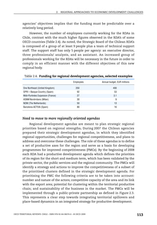 2.   REGIONAL APPROACHES TO ECONOMIC DEVELOPMENT CHALLENGES



        agencies’ objectives implies that the funding must be predictable over a
        relatively long period.
             However, the number of employees currently working for the RDAs in
        Chile, contrast with the much higher figures observed in the RDA’s of some
        OECD countries (Table 2.4). As noted, the Strategic Board of the Chilean RDA’s
        is composed of a group of at least 9 people plus a team of technical support
        staff. The support staff has only 5 people per agency: an executive director,
        three professionals/ analysts, and an assistant. An increased group of
        professionals working for the RDAs will be necessary in the future in order to
        comply in an efficient manner with the different objectives of this new
        regional body.

          Table 2.4. Funding for regional development agencies, selected examples
                                                          Employees         Annual budget, EUR millions

         One Northeast (United Kingdom)                     250                       400
         SPRI – Basque Country (Spain)                       92                         53
         Midi-Pyrénées Expansion (France)                    27                        3.1
         ASNM Nordmilano (Milan)                             30                          9
         NOM (The Netherlands)                               50                         13
         Barcelona ACTIVA (Spain)                            80                         16



        Need to move to more regionally oriented agendas
              Regional development agendas are meant to plan strategic regional
        priorities based on regional strengths. During 2007 the Chilean agencies
        prepared their strategic development agendas, in which they identified
        regional opportunities, challenges for regional competitiveness, and plans to
        address and overcome these challenges. The role of these agendas is to define
        a set of productive axes for the region and serve as a basis for developing
        programmes for improved competitiveness (PMCs). By the beginning of 2008
        each RDA had a productive development agenda which defines the priorities
        of its region for the short and medium term, which has been validated by the
        private sector, the public services and the regional community. The PMCs will
        identify a strategy and actions to improve the competitiveness of a subset of
        the prioritised clusters defined in the strategic development agenda. For
        prioritising the PMC the following criteria are to be taken into account:
        number and nature of the actors; competitive capacity of the area and its link
        with the export area; potential for clustering within the territorial productive
        chain; and sustainability of the business in the market. The PMCs will be
        implemented through a public-private partnership as defined in Figure 2.3.
        This represents a clear step towards integrating territorial spillovers and
        place-based dynamics in an integrated strategy for productive development.



OECD TERRITORIAL REVIEWS: CHILE – ISBN 978-92-64-06074-6 – © OECD 2009
                                                                                                          113
 
