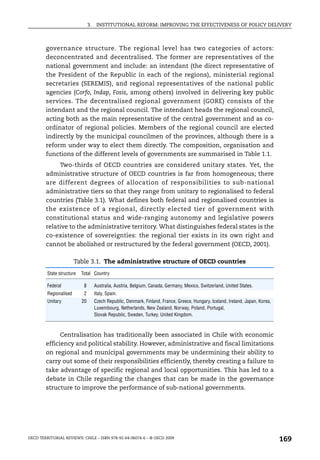 3.    INSTITUTIONAL REFORM: IMPROVING THE EFFECTIVENESS OF POLICY DELIVERY



        governance structure. The regional level has two categories of actors:
        deconcentrated and decentralised. The former are representatives of the
        national government and include: an intendant (the direct representative of
        the President of the Republic in each of the regions), ministerial regional
        secretaries (SEREMIS), and regional representatives of the national public
        agencies (Corfo, Indap, Fosis, among others) involved in delivering key public
        services. The decentralised regional government (GORE) consists of the
        intendant and the regional council. The intendant heads the regional council,
        acting both as the main representative of the central government and as co-
        ordinator of regional policies. Members of the regional council are elected
        indirectly by the municipal councilmen of the provinces, although there is a
        reform under way to elect them directly. The composition, organisation and
        functions of the different levels of governments are summarised in Table 1.1.
             Two-thirds of OECD countries are considered unitary states. Yet, the
        administrative structure of OECD countries is far from homogeneous; there
        are different degrees of allocation of responsibilities to sub-national
        administrative tiers so that they range from unitary to regionalised to federal
        countries (Table 3.1). What defines both federal and regionalised countries is
        the existence of a regional, directly elected tier of government with
        constitutional status and wide-ranging autonomy and legislative powers
        relative to the administrative territory. What distinguishes federal states is the
        co-existence of sovereignties: the regional tier exists in its own right and
        cannot be abolished or restructured by the federal government (OECD, 2001).

                        Table 3.1. The administrative structure of OECD countries
         State structure   Total Country

         Federal            8        Australia, Austria, Belgium, Canada, Germany, Mexico, Switzerland, United States.
         Regionalised       2        Italy, Spain.
         Unitary           20        Czech Republic, Denmark, Finland, France, Greece, Hungary, Iceland, Ireland, Japan, Korea,
                                     Luxembourg, Netherlands, New Zealand, Norway, Poland, Portugal,
                                     Slovak Republic, Sweden, Turkey, United Kingdom.



              Centralisation has traditionally been associated in Chile with economic
        efficiency and political stability. However, administrative and fiscal limitations
        on regional and municipal governments may be undermining their ability to
        carry out some of their responsibilities efficiently, thereby creating a failure to
        take advantage of specific regional and local opportunities. This has led to a
        debate in Chile regarding the changes that can be made in the governance
        structure to improve the performance of sub-national governments.




OECD TERRITORIAL REVIEWS: CHILE – ISBN 978-92-64-06074-6 – © OECD 2009
                                                                                                                                  169
 