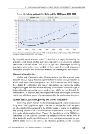 1.   REGIONAL DEVELOPMENT IN CHILE: TRENDS, ACHIEVEMENTS AND CHALLENGES



              Figure 1.2. Labour productivity, Chile and the OECD area, 1986-2003
                                              Chile                         OECD
         Labour productivity (GDP per employee in manufacturing, 1986 = 100)
           180
           170
           160
           150
           140
           130
           120
           110
           100
            90
            80
                 1986      1988       1990        1992       1994        1996      1998   2000   2002

        Source: Central Bank of Chile, World Bank, OECD Productivity database (December 2004), OECD STAN
        database and OECD calculations (OECD 2005).


        by the public sector whereas in OECD countries, it is largely financed by the
        private sector. Given Chile’s current comparative advantages in natural
        resources, it should move from static to dynamic advantages by adding
        products with higher value added to the export base and promoting
        innovative practices and production methods for current goods and services.

        Economic diversification
             Chile’s lack of economic diversification entails risk. The share of intra-
        industry trade, a highly dynamic segment of international trade, is very low in
        Chile, much lower than in comparable Latin American countries. Chile’s export
        base lacks diversification and mainly specialises in commodity goods,
        especially copper. This renders the economy vulnerable to sudden changes in
        international commodity prices and secular shifts in the demand for
        commodities. In addition, the limited product variety discourages innovative
        activity, an additional source of growth potential in the medium and long term.

        Human capital, education, poverty and income inequalities
             Improving Chile’s human capital encourages growth in the medium and
        long term. Chile’s population aged 25-64 had, on average, less than ten years
        of schooling in 2002, compared to the OECD average of nearly 12. In addition,
        the quality of education is also below OECD standards according to PISA
        international standardised tests (Figure 1.3). Simulations by the OECD have
        estimated that an increase in secondary school enrolments to the level of
        New Zealand’s would raise Chile’s growth rate by 0.8 percentage point a year
        (OECD, 2005), whereas an increase in education performance to the level


OECD TERRITORIAL REVIEWS: CHILE – ISBN 978-92-64-06074-6 – © OECD 2009
                                                                                                           43
 