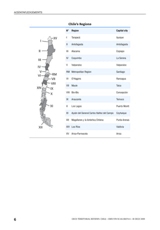 ACKNOWLEDGEMENTS



                         Chile’s Regions

                   N°      Region                                      Capital city

                   I       Tarapacá                                    Iquique

                   II      Antofagasta                                 Antofagasta

                   III     Atacama                                     Copiapo

                   IV      Coquimbo                                    La Serena

                   V       Valparaíso                                  Valparaíso

                   RM Metropolitan Region                              Santiago

                   VI      O’Higgins                                   Rancagua

                   VII     Maule                                       Talca

                   VIII Bío-Bío                                        Concepción

                   IX      Araucanía                                   Temuco

                   X       Los Lagos                                   Puerto Montt

                   XI      Aysén del General Carlos Ibáñez del Campo   Coyhaique

                   XII     Magallanes y la Antártica Chilena           Punta Arenas

                   XIV Los Ríos                                        Valdivia

                   XV      Arica-Parinacota                            Arica




6                          OECD TERRITORIAL REVIEWS: CHILE – ISBN 978-92-64-06074-6 – © OECD 2009
 