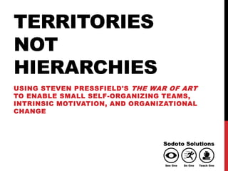 TERRITORIES
NOT
HIERARCHIES
USING STEVEN PRESSFIELD'S THE WAR OF ART
TO ENABLE SMALL SELF-ORGANIZING TEAMS,
INTRINSIC MOTIVATION, AND ORGANIZATIONAL
CHANGE
 