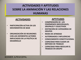 Berdegue op cit, propone dos tipos de territorios: los que se han conformado por su transformacion productiva, y aquellos que se han transformado o conformado por su desarrollo institucional. Los primeros articularn de manera competitiva y sustentable sus economias a mercados dinamicos, los segundos estimulan y facilitan los procesos de concertacion. El desarrollo de los territorios dependen tambien de:El  desarrollo de capacidades de los agentes del territorio, De la gestion local participativa, De los niveles de organización, De la calidad y cobertura de la infraestructura y De la arquitectura institucional.