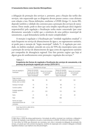 247O Saneamento Básico como Questão Metropolitana
a delegação da prestação dos serviços e, portanto, para a fixação das tarifas dos
serviços, não esquecendo que os dirigentes devem prestar contas a seus eleitores
com relação a isto. Destas definições, conforme a LNSB (Artigo 11, inciso III),
depende também a validade dos contratos para a prestação dos serviços de sanea-
mento. Deste modo, pode-se dizer que uma simples especificação do(s) órgão(s)
responsável(is) pela regulação e fiscalização tenha maior concretude (por estar
diretamente associada à tarifa) que a existência de uma política municipal de
saneamento, a qual demandaria tarefas de maior complexidade.9
A menção à regulação e à fiscalização por “entidade reguladora estadual” é
mais frequente no serviço de abastecimento de água e, no esgotamento sanitário,
só perde para a menção de “órgão municipal” (tabela 7). A regulação por enti-
dade, no âmbito estadual, coincide em cerca de 93% dos municípios tanto com
a prestação do serviço de abastecimento de água como do esgotamento sanitário
por companhia de abrangência regional. Este fato permite cogitar que haja aí
algum grau de sombreamento entre prestação e regulação dos serviços.10
TABELA 7
Frequências das formas de regulação e fiscalização dos serviços de saneamento, e da
presença de prestação regional, por serviço (2010-2011)
Forma de regulação e
fiscalização
Abastecimento de água Esgotamento sanitário
Número de menções
de cada tipo de órgão
responsável pela regu-
lação e fiscalização
Número de municípios
com prestação
regional
Número de menções
de cada tipo de órgão
responsável pela regu-
lação e fiscalização
Número de municípios
com prestação
regional
Órgão municipal
(secretaria, departamento,
divisão, setor ou similar)
146 95 167 120
Autarquia municipal 73 10 60 11
Consórcio público 49 36 43 31
Entidade reguladora
estadual
271 252 155 144
Outro 31 26 23 20
Total 570 - 448 -
Número de órgãos
responsáveis/número de
municípios
1,14 - 1,11 -
Fonte: Brasil (2012) e IBGE (2012).
Elaboração dos autores.
9. Além disso, a LNSB não obriga explicitamente a formulação de política municipal, mas condiciona a delegação à
existência de regulação, o que explicaria, em parte, a maior presença, na MUNIC, da última em relação à primeira.
10. Com efeito, há CESBs que ofereceram aos municípios, com vistas à renovação da delegação da prestação dos
serviços, um pacote que inclui contrato de programa, convênio de cooperação com o estado e delegação à entidade
reguladora estadual, o que explicaria essa alta porcentagem.
 