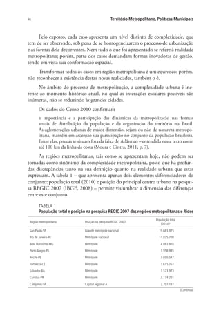 46 Território Metropolitano, Políticas Municipais
Pelo exposto, cada caso apresenta um nível distinto de complexidade, que
tem de ser observado, sob pena de se homogeneizarem o processo de urbanização
e as formas dele decorrentes. Nem tudo o que foi apresentado se refere à realidade
metropolitana; porém, parte dos casos demandam formas inovadoras de gestão,
tendo em vista sua conformação espacial.
Transformar todos os casos em região metropolitana é um equívoco; porém,
não reconhecer a existência destas novas realidades, também o é.
No âmbito do processo de metropolização, a complexidade urbana é ine-
rente ao momento histórico atual, no qual as interações escalares possíveis são
inúmeras, não se reduzindo às grandes cidades.
Os dados do Censo 2010 confirmam
a importância e a participação das dinâmicas da metropolização nas formas
atuais de distribuição da população e da organização do território no Brasil.
As aglomerações urbanas de maior dimensão, sejam ou não de natureza metropo-
litana, mantêm em ascensão sua participação no conjunto da população brasileira.
Entre elas, poucas se situam fora da faixa do Atlântico – entendida neste texto como
até 100 km da linha da costa (Moura e Cintra, 2011, p. 7).
As regiões metropolitanas, tais como se apresentam hoje, não podem ser
tomadas como sinônimo da complexidade metropolitana, posto que há profun-
das discrepâncias tanto na sua definição quanto na realidade urbana que estas
expressam. A tabela 1 – que apresenta apenas dois elementos diferenciadores do
conjunto: população total (2010) e posição do principal centro urbano na pesqui-
sa REGIC 2007 (IBGE, 2008) – permite vislumbrar a dimensão das diferenças
entre este conjunto.
TABELA 1
População total e posição na pesquisa REGIC 2007 das regiões metropolitanas e Rides
Região metropolitana Posição na pesquisa REGIC 2007
População total
(2010)¹
São Paulo-SP Grande metrópole nacional 19.683.975
Rio de Janeiro-RJ Metrópole nacional 11.835.708
Belo Horizonte-MG Metrópole 4.883.970
Porto Alegre-RS Metrópole 3.958.985
Recife-PE Metrópole 3.690.547
Fortaleza-CE Metrópole 3.615.767
Salvador-BA Metrópole 3.573.973
Curitiba-PR Metrópole 3.174.201
Campinas-SP Capital regional A 2.797.137
(Continua)
 