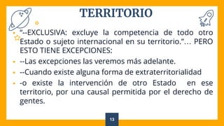 TERRITORIO
 “--EXCLUSIVA: excluye la competencia de todo otro
Estado o sujeto internacional en su territorio.”… PERO
ESTO TIENE EXCEPCIONES:
 --Las excepciones las veremos más adelante.
 --Cuando existe alguna forma de extraterritorialidad
 -o existe la intervención de otro Estado en ese
territorio, por una causal permitida por el derecho de
gentes.
13
 