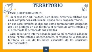 TERRITORIO
 CASOS JURISPRUDENCIALES:
 --En el caso ISLA DE PALMAS, Juez Huber, Sentencia arbitral: que
es de competencia exclusiva del Estado en su propio territorio.
 En ese caso también se dijo que como contrapartida: Obligación
del E de proteger en ese territorio el derecho de otros estados, y
el derecho de la persona de sus súbditos.
 --Caso de la Corte Internacional de Justicia en el Asunto Canal de
Corfú: “Entre estados independientes, el respeto de la soberanía
territorial es una de las bases esenciales de las relaciones
internacionales”.
14
 