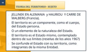 TEORIA DEL TERRITORIO- SUJETO
19
▫ JELLINEK EN ALEMANIA y HAURIOU Y CARRE DE
MALBERG (Francia).
▫ El territorio es un componente, como el cuerpo,
del Estado persona.
▫ O un elemento de la naturaleza del Estado.
▫ El territorio es el Estado mismo, contemplado
dentro de sus limites (reseñas de los años 1967)
▫ Se confunde el Estado con su territorio, como
integrantes de la misma Entidad.
 