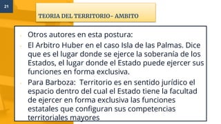 TEORIA DEL TERRITORIO- AMBITO
21
▫ Otros autores en esta postura:
▫ El Arbitro Huber en el caso Isla de las Palmas. Dice
que es el lugar donde se ejerce la soberanía de los
Estados, el lugar donde el Estado puede ejercer sus
funciones en forma exclusiva.
▫ Para Barboza: Territorio es en sentido jurídico el
espacio dentro del cual el Estado tiene la facultad
de ejercer en forma exclusiva las funciones
estatales que configuran sus competencias
territoriales mayores
 