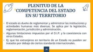 PLENITUD DE LA
COMPETENCIA DEL ESTADO
EN SU TERRITORIO
 El estado es dueño de reglamentar y administrar las instituciones y
actividades humanas más diversas. Se aplica por la legislación,
reglamentación, jurisdicción y administración.
 Algunas limitaciones impuestas por el D.I.P. y la coexistencia con
otros Estados.
 Ej: que los extranjeros en territorio de un Estado no pueden ser
tratados por debajo de ciertos standards internacionales.
25
 