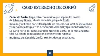 CASO ESTRECHO DE CORFÚ
▫ Canal de Corfú: largo estrecho marino que separa las costas
de Albania y Grecia, al este de la isla griega de Corfú.
▫ Ruta muy utilizado por el transporte de mercancías local desde Albania
y Grecia hacia los puertos de Saranda (Albania) y Igoumenitsa (Grecia).
▫ La parte norte del canal, estrecho Norte de Corfú, es la más angosta:
solo 1,6 km de separación con continente de Albania.
▫ Incidente del Canal de Corfú: tres incidentes separados.
29
 