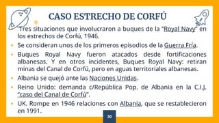 CASO ESTRECHO DE CORFÚ
 Tres situaciones que involucraron a buques de la “Royal Navy” en
los estrechos de Corfú, 1946.
 Se consideran unos de los primeros episodios de la Guerra Fría.
 Buques Royal Navy fueron atacados desde fortificaciones
albanesas. Y en otros incidentes, Buques Royal Navy: retiran
minas del Canal de Corfú, pero en aguas territoriales albanesas.
 Albania se quejó ante las Naciones Unidas.
 Reino Unido: demanda c/República Pop. de Albania en la C.I.J.
“caso del Canal de Corfú”.
 UK. Rompe en 1946 relaciones con Albania, que se restablecieron
en 1991.
30
 