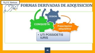 FORMAS DERIVADAS DE ADQUISICION
48
Pg 212 Barboza
Prescripcion
adquisitiva
CONQUISTA
• UTI POSSIDETIS
IURIS
CESION
 