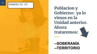 5
BARBOZA, PG. 167.
Poblacion y
Gobierno: ya lo
vimos en la
Unidad anterior.
Ahora
trataremos:
--SOBERANÍA
--TERRITORIO
 