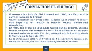 CONVENCION DE CHICAGO
53
• Convenio sobre Aviación Civil Internacional (1944), también conocido
como el Convenio de Chicago
• Objeto: actualizar las normas sobre aviación. Es el tratado normativo
más importante en relación al Derecho Público Internacional
Aeronáutico.
• En 1944, con el final de la Segunda Guerra Mundial próximo, Estados
Unidos promovió una conferencia con el fin de actualizar los acuerdos
internacionales sobre aviación civil, estancados prácticamente desde
la Convención de París de 1919.
• La conferencia se celebró en Chicago del 1 de noviembre hasta el 7 de
diciembre de 1944, con asistencia de delegados de 52 Estados
 