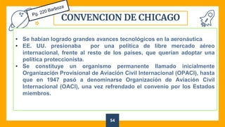 CONVENCION DE CHICAGO
54
• Se habían logrado grandes avances tecnológicos en la aeronáutica
• EE. UU. presionaba por una política de libre mercado aéreo
internacional, frente al resto de los países, que querían adoptar una
política proteccionista.
• Se constituye un organismo permanente llamado inicialmente
Organización Provisional de Aviación Civil Internacional (OPACI), hasta
que en 1947 pasó a denominarse Organización de Aviación Civil
Internacional (OACI), una vez refrendado el convenio por los Estados
miembros.
 