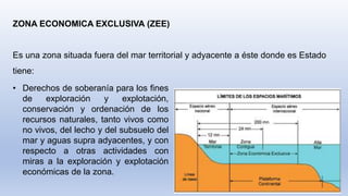ZONA ECONOMICA EXCLUSIVA (ZEE)
Es una zona situada fuera del mar territorial y adyacente a éste donde es Estado
tiene:
• Derechos de soberanía para los fines
de exploración y explotación,
conservación y ordenación de los
recursos naturales, tanto vivos como
no vivos, del lecho y del subsuelo del
mar y aguas supra adyacentes, y con
respecto a otras actividades con
miras a la exploración y explotación
económicas de la zona.
 
