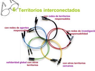 6. Territorios interconectados
                                 con redes de territorios
                                          responsables


con redes de agentes
       responsables                                  con redes de investigació
                                                     en responsabilidad




 solidaridad global con otros                     con otros territorios
                   territorios                    cercanos
 