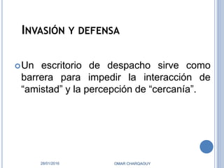 INVASIÓN Y DEFENSA
Un escritorio de despacho sirve como
barrera para impedir la interacción de
“amistad” y la percepción de “cercanía”.
28/01/2016 OMAR CHARQAOUY
 