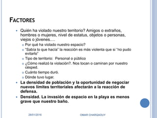 FACTORES
 Quién ha violado nuestro territorio? Amigos o extraños,
hombres o mujeres, nivel de estatus, objetos o personas,
viejos o jóvenes….
 Por qué ha violado nuestro espacio?
 “Sabía lo que hacía” la reacción es más violenta que si “no pudo
evitarlo”
 Tipo de territorio: Personal o público
 ¿Cómo realizó la violación?. Nos tocan o caminan por nuestro
césped.
 Cuánto tiempo duró.
 Dónde tuvo lugar.
 La densidad de población y la oportunidad de negociar
nuevos límites territoriales afectarán a la reacción de
defensa.
 Densidad. La invasión de espacio en la playa es menos
grave que nuestro baño.
28/01/2016 OMAR CHARQAOUY
 
