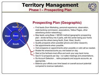 Territory Management
                      Phase I – Prospecting Plan


                        Prospecting Plan (Geographic)
       North             Find leads (from Marketing, personal experience, observation,
                            state banking commission, associations, Yellow Pages, other
                            advertising and/or networking.)
       Base                Map leads using Base + NEWS method (geographic prospecting
West           East
                            plan - divide territory into 5 parts, with the center being your home
                            base and the others being North, East, West, South).
                           Qualify prospects when possible (phone and other research).
       South
                           Set appointments when possible.
                           Visit prospects on appointments when possible or cold call as needed.
                           Rotate the areas/accounts you visit based on day.
                           Start at the farthest-most office and work your way back home.
                           See 8-12 prospects per day - run sales meetings and presentations.
                           Do Account Selection… retire prospects and acquire accounts, as
                            appropriate.
                           Balance your efforts over time based on overall account potential
                            compared to revenue realization.
 
