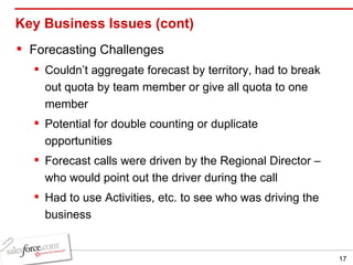 Key Business Issues (cont) Forecasting Challenges Couldn’t aggregate forecast by territory, had to break out quota by team member or give all quota to one member Potential for double counting or duplicate opportunities Forecast calls were driven by the Regional Director – who would point out the driver during the call Had to use Activities, etc. to see who was driving the business 