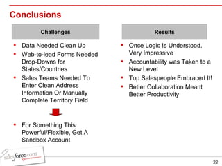 Conclusions Data Needed Clean Up Web-to-lead Forms Needed Drop-Downs for States/Countries Sales Teams Needed To Enter Clean Address Information Or Manually Complete Territory Field For Something This Powerful/Flexible, Get A Sandbox Account Once Logic Is Understood, Very Impressive Accountability was Taken to a New Level Top Salespeople Embraced It! Better Collaboration Meant Better Productivity Challenges Results 