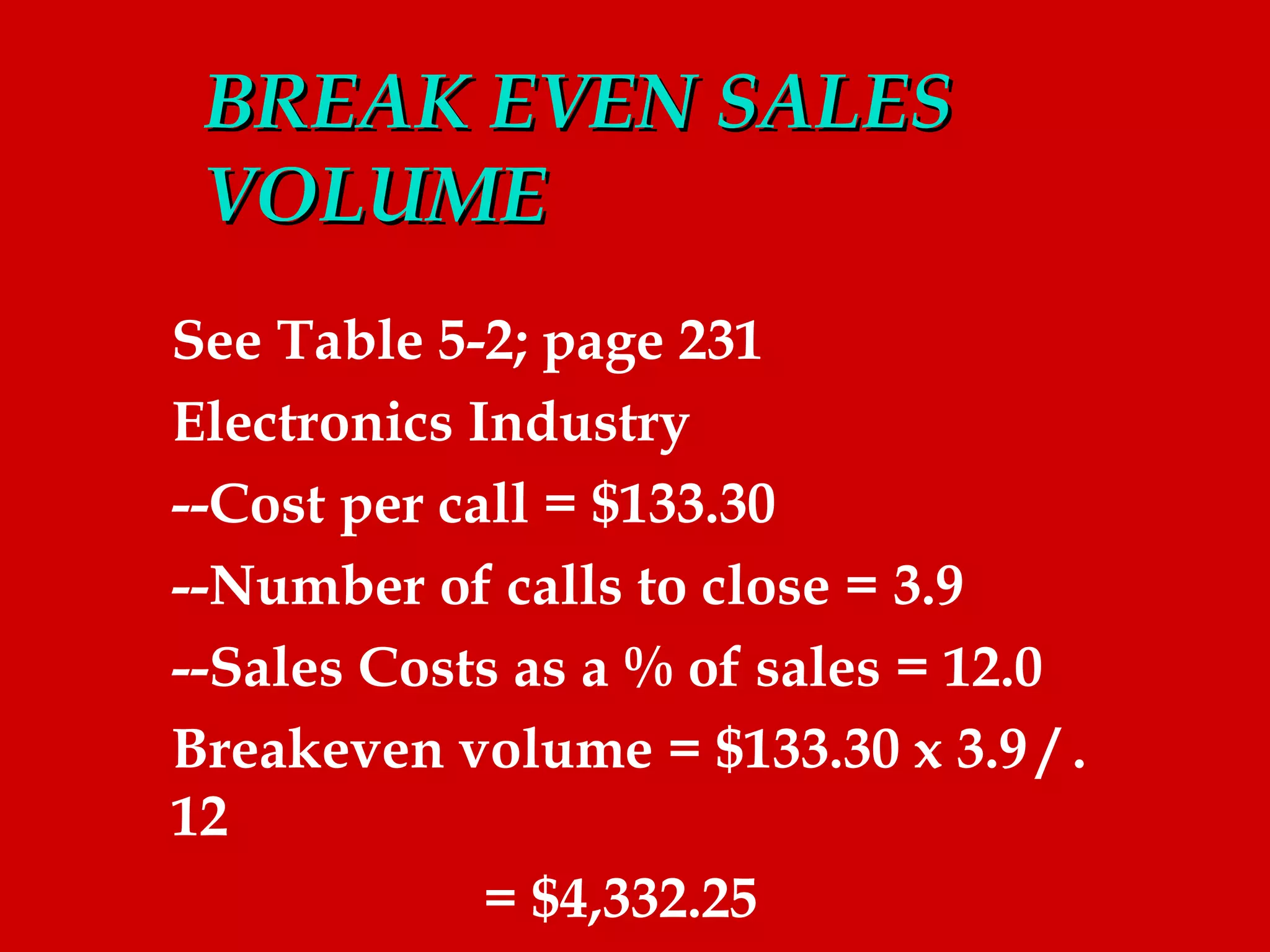 BREAK EVEN SALES
 VOLUME
See Table 5-2; page 231
Electronics Industry
--Cost per call = $133.30
--Number of calls to close = 3.9
--Sales Costs as a % of sales = 12.0
Breakeven volume = $133.30 x 3.9 / .
12
             = $4,332.25
 