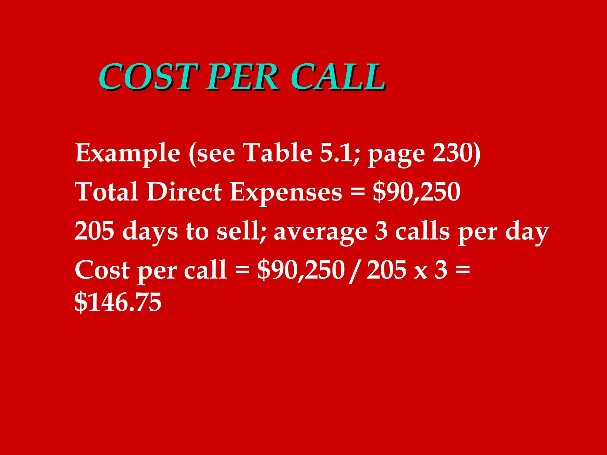 COST PER CALL
Example (see Table 5.1; page 230)
Total Direct Expenses = $90,250
205 days to sell; average 3 calls per day
Cost per call = $90,250 / 205 x 3 =
$146.75
 