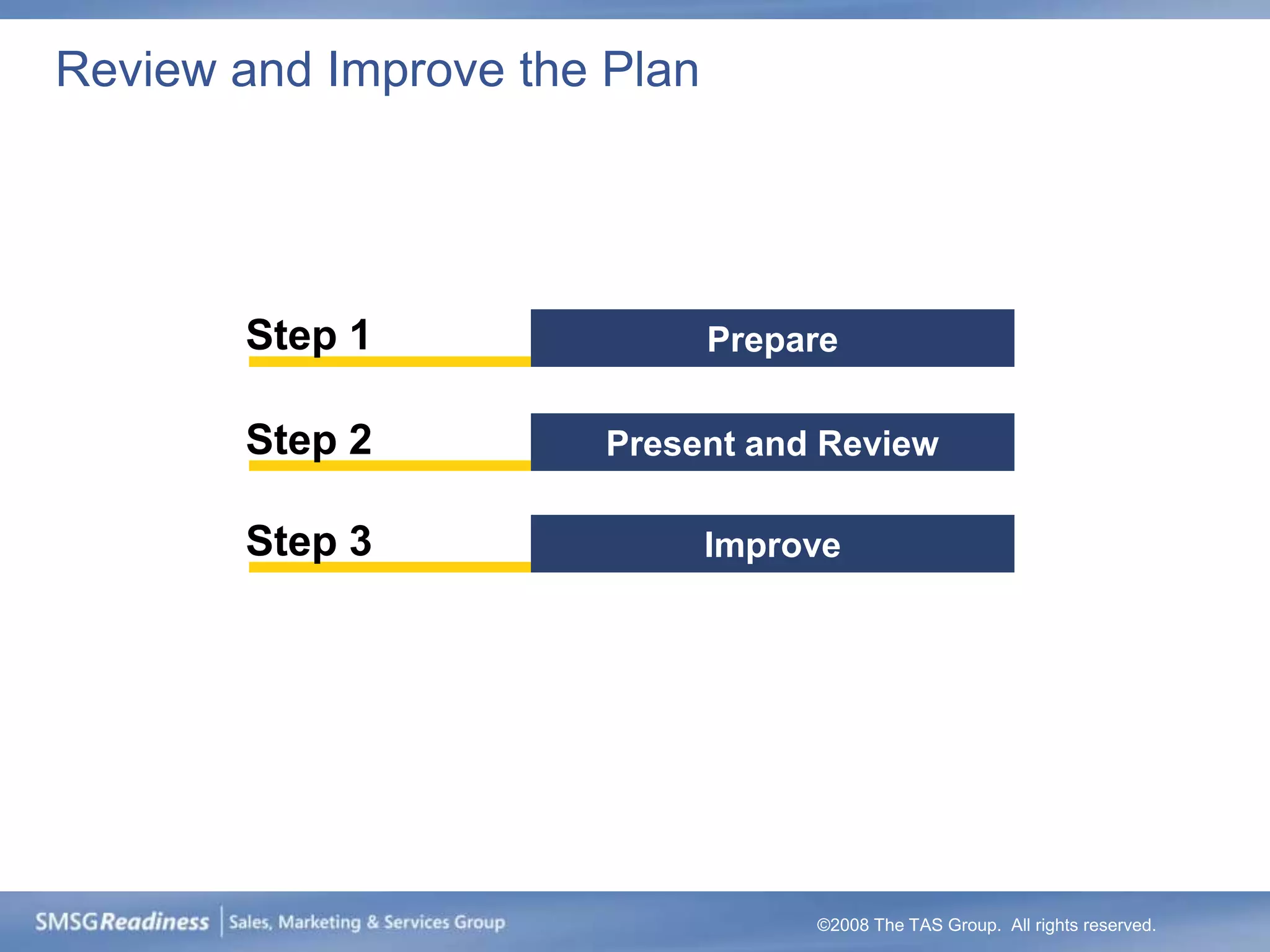 Review and Improve the Plan




       Step 1                 Prepare

       Step 2          Present and Review

       Step 3                 Improve




                                   ©2008 The TAS Group. All rights reserved.
 
