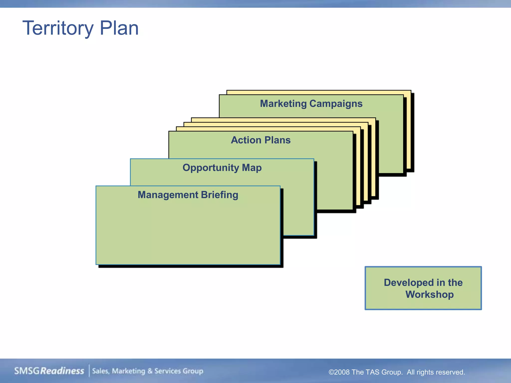 Territory Plan


                                    Marketing Campaigns

                            „A‟ Accounts Objectives
                               Action Plans

                     Opportunity Map

             Management Briefing




                                                                  Developed in the
                                                                      Workshop




                                                  ©2008 The TAS Group. All rights reserved.
 