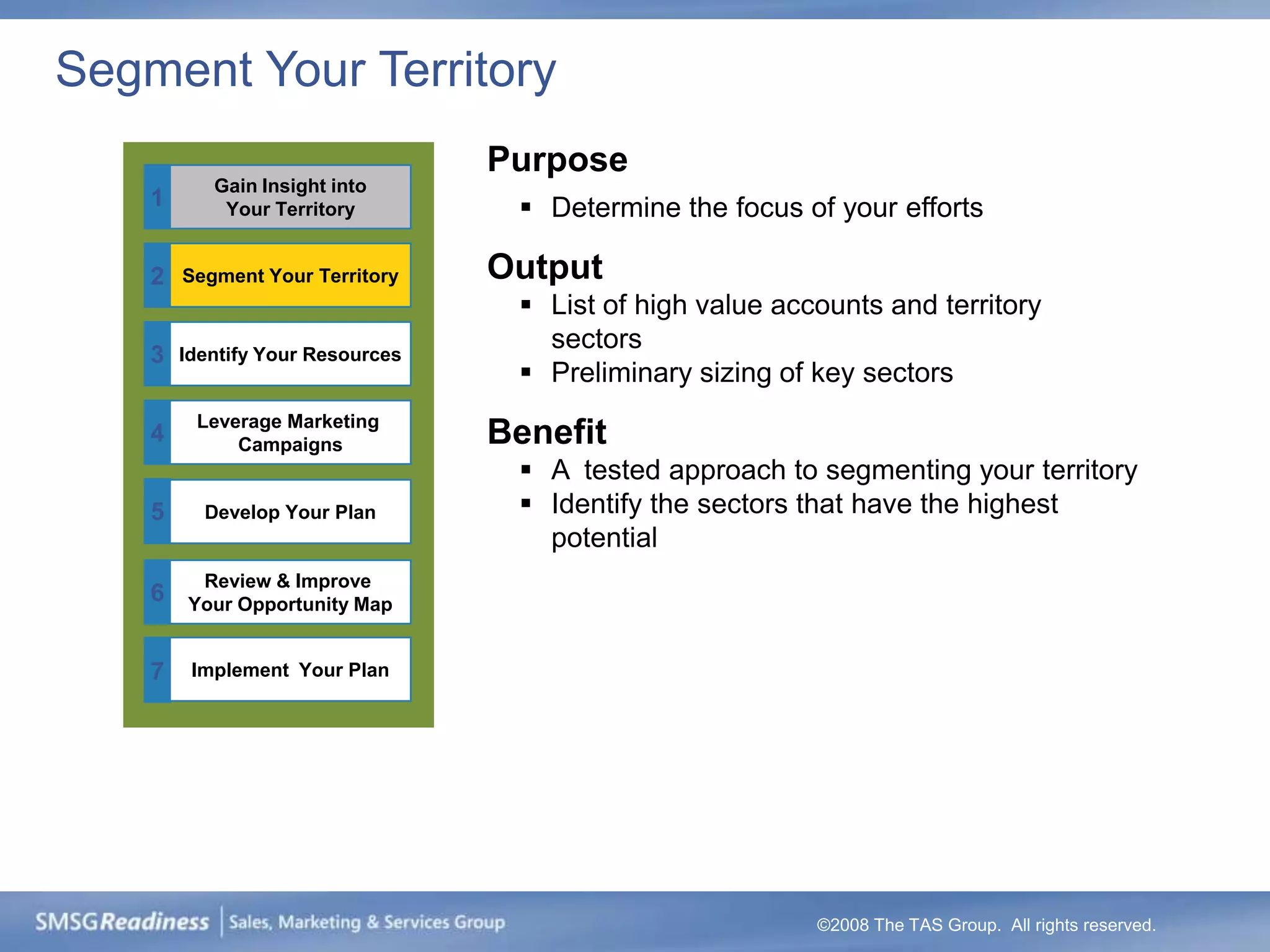 Segment Your Territory
                                  Purpose
           Gain Insight into
    1       Your Territory          Determine the focus of your efforts

    2   Segment Your Territory    Output
                                    List of high value accounts and territory
                                     sectors
    3   Identify Your Resources
                                    Preliminary sizing of key sectors
         Leverage Marketing
    4        Campaigns            Benefit
                                    A tested approach to segmenting your territory
    5     Develop Your Plan         Identify the sectors that have the highest
                                     potential
         Review & Improve
    6   Your Opportunity Map


    7    Implement Your Plan




                                                           ©2008 The TAS Group. All rights reserved.
 