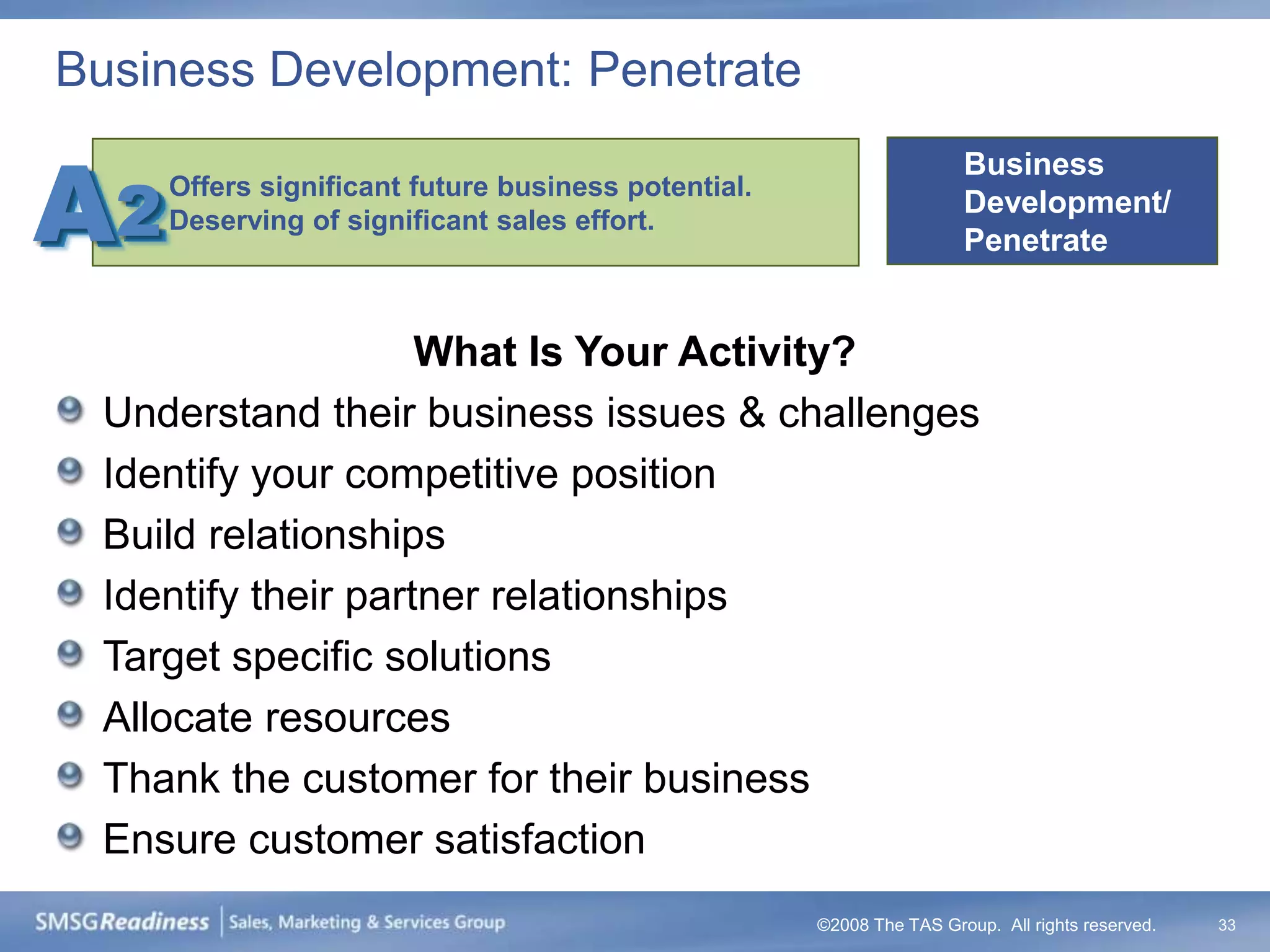Business Development: Penetrate


A2
                                                                      Business
     Offers significant future business potential.
                                                                      Development/
     Deserving of significant sales effort.
                                                                      Penetrate


                    What Is Your Activity?
 Understand their business issues & challenges
 Identify your competitive position
 Build relationships
 Identify their partner relationships
 Target specific solutions
 Allocate resources
 Thank the customer for their business
 Ensure customer satisfaction
                                                     ©2008 The TAS Group. All rights reserved.   33
 