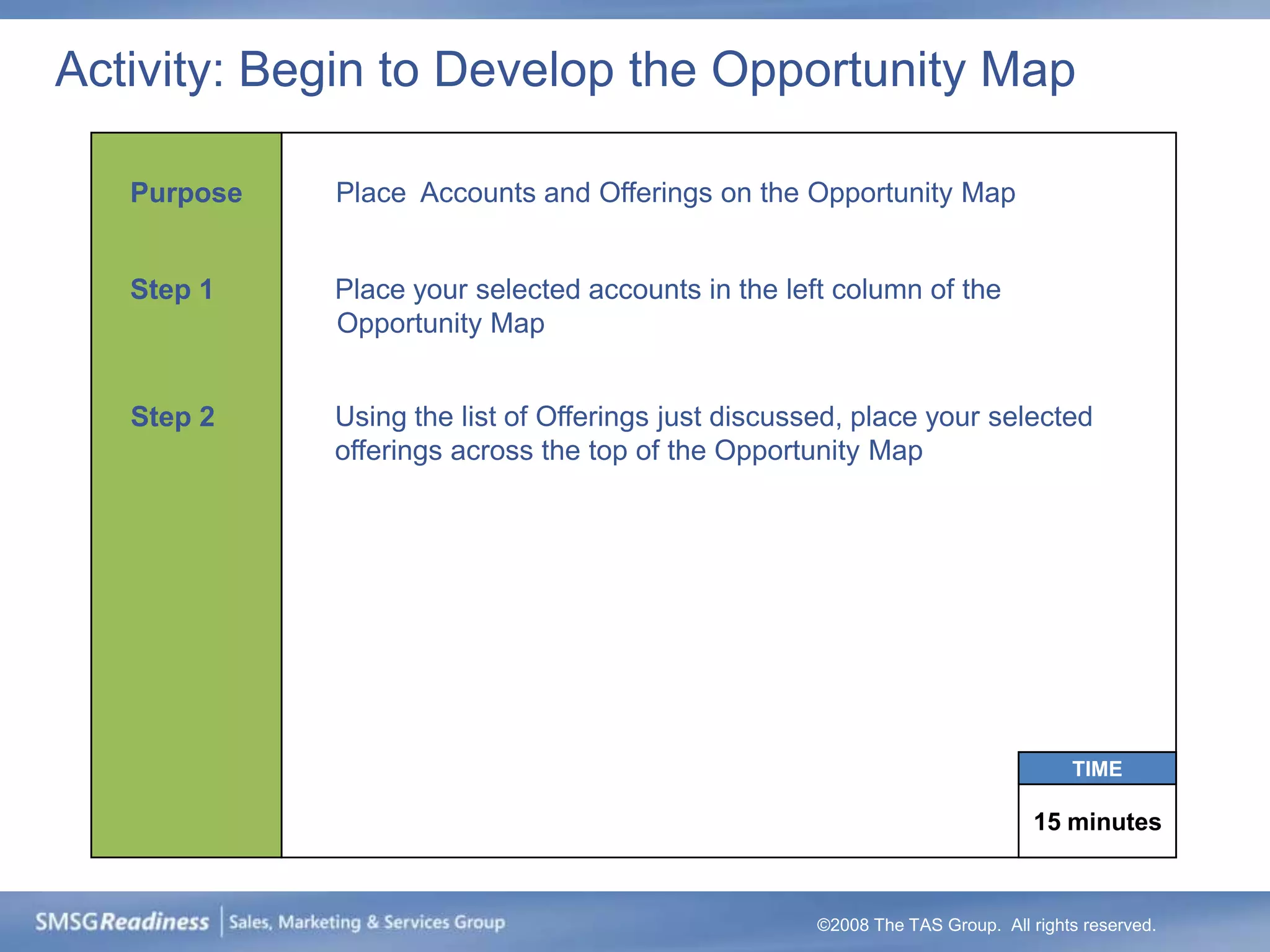 Activity: Begin to Develop the Opportunity Map

   Purpose   Place Accounts and Offerings on the Opportunity Map


   Step 1    Place your selected accounts in the left column of the
             Opportunity Map


   Step 2    Using the list of Offerings just discussed, place your selected
             offerings across the top of the Opportunity Map




                                                                                   TIME

                                                                               15 minutes



                                                     ©2008 The TAS Group. All rights reserved.
 