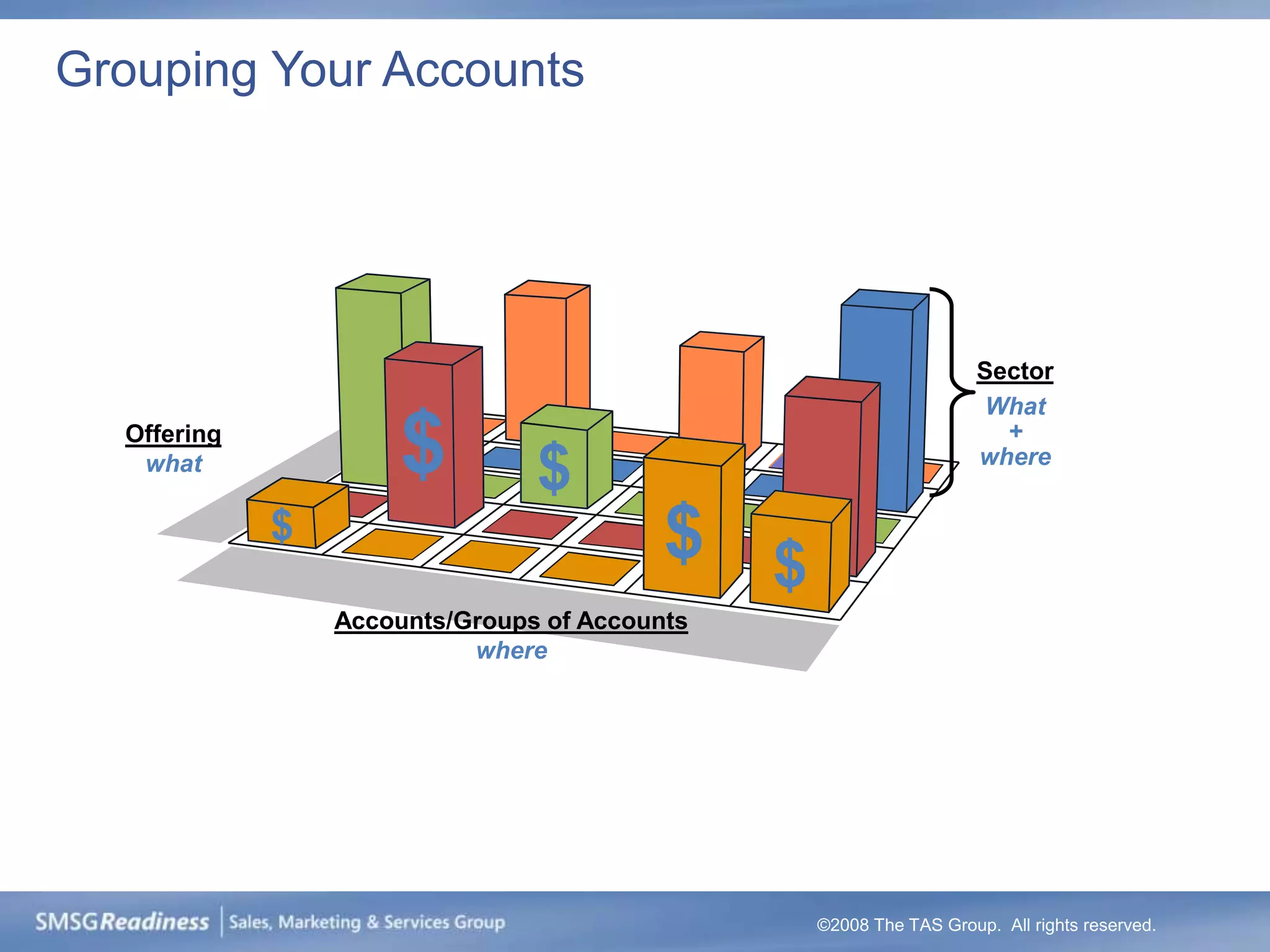 Grouping Your Accounts




                                                                   Sector
                                                                   What
  Offering
   what              $          $
                                                                     +
                                                                   where


             $                            $ $
                 Accounts/Groups of Accounts
                           where




                                                ©2008 The TAS Group. All rights reserved.
 