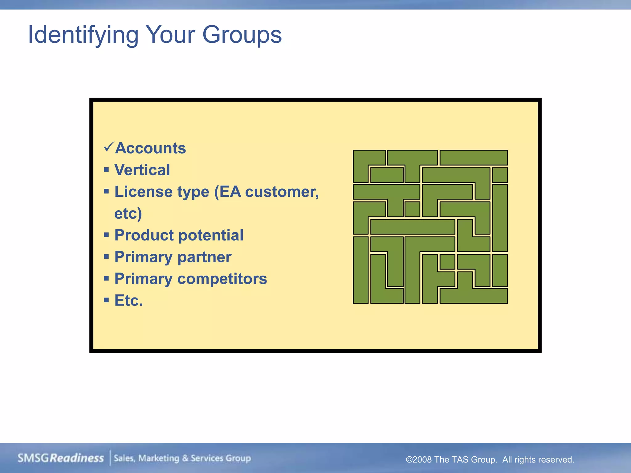Identifying Your Groups



      Accounts
       Vertical
       License type (EA customer,
        etc)
       Product potential
       Primary partner
       Primary competitors
       Etc.




                                     ©2008 The TAS Group. All rights reserved.
 