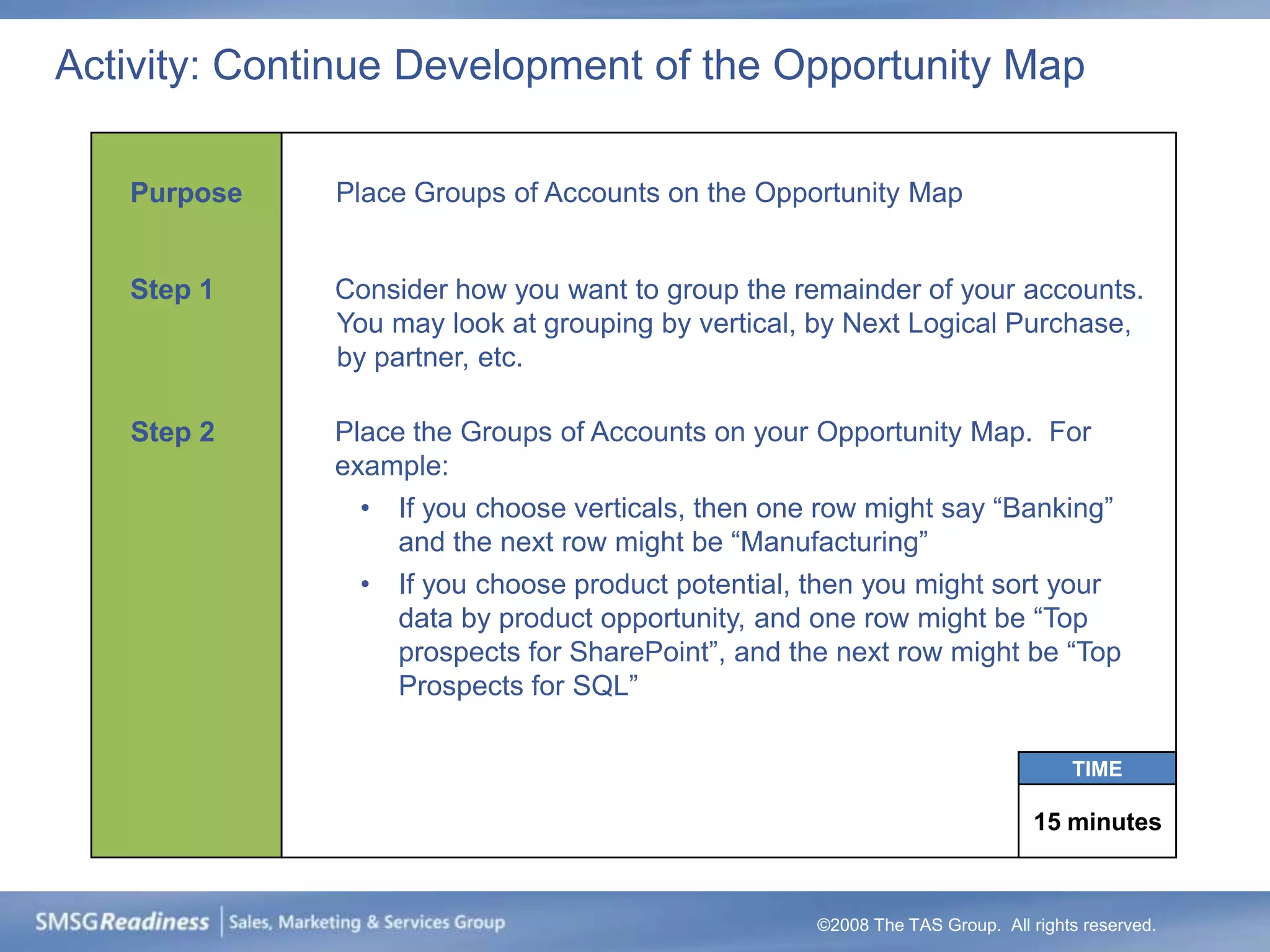 Activity: Continue Development of the Opportunity Map

   Purpose    Place Groups of Accounts on the Opportunity Map


   Step 1     Consider how you want to group the remainder of your accounts.
              You may look at grouping by vertical, by Next Logical Purchase,
              by partner, etc.

   Step 2     Place the Groups of Accounts on your Opportunity Map. For
              example:
               •   If you choose verticals, then one row might say “Banking”
                   and the next row might be “Manufacturing”
               •   If you choose product potential, then you might sort your
                   data by product opportunity, and one row might be “Top
                   prospects for SharePoint”, and the next row might be “Top
                   Prospects for SQL”

                                                                                  TIME

                                                                              15 minutes



                                                    ©2008 The TAS Group. All rights reserved.
 